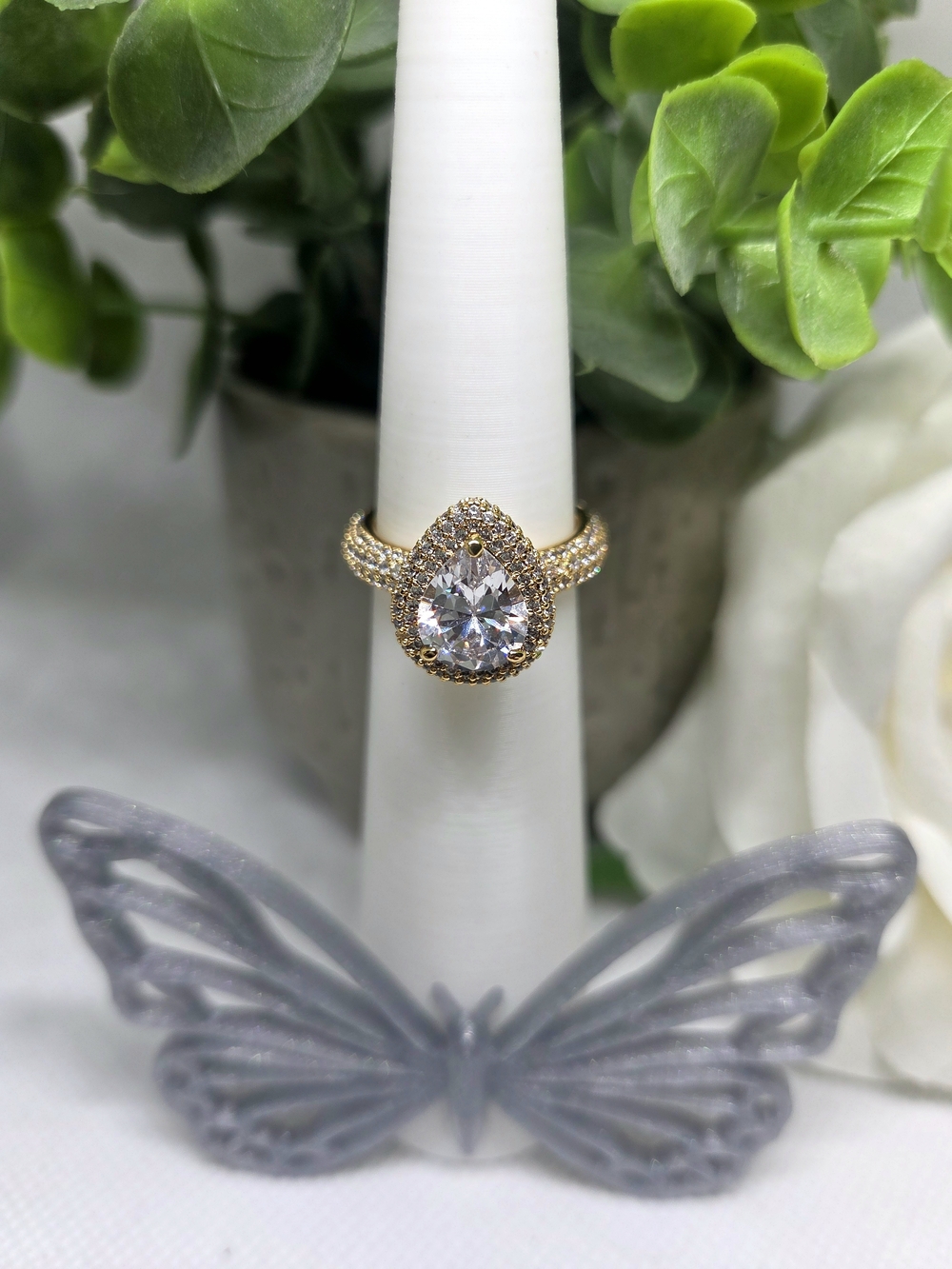 BP Gold Pear-Cut Halo Engagement-Style Ring On Gold Plating